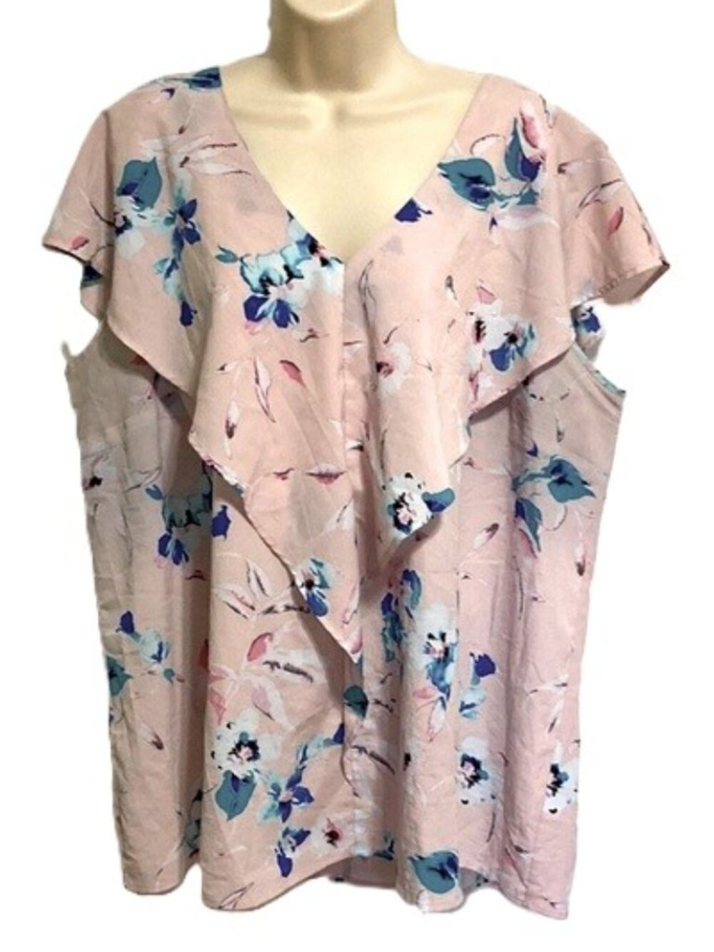 LANE BRYANT Pink Floral V-Neck Flutter Sleeve Blouse – Plus Size 18